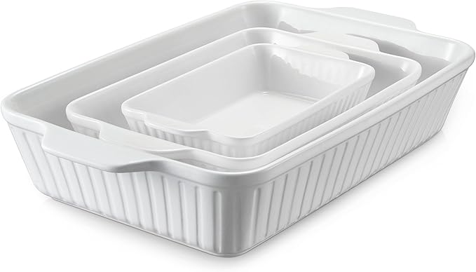 DOWAN Casserole Dishes for Oven, Baking Dishes Set, Ceramic Bakeware Sets of 3, Lasagna Pan Deep, Rectangular Baking Pan Set with Handles for Baking, Casserole, Kitchen, Wedding Gift, Soft White (15.6''/12.2''/8.9'')