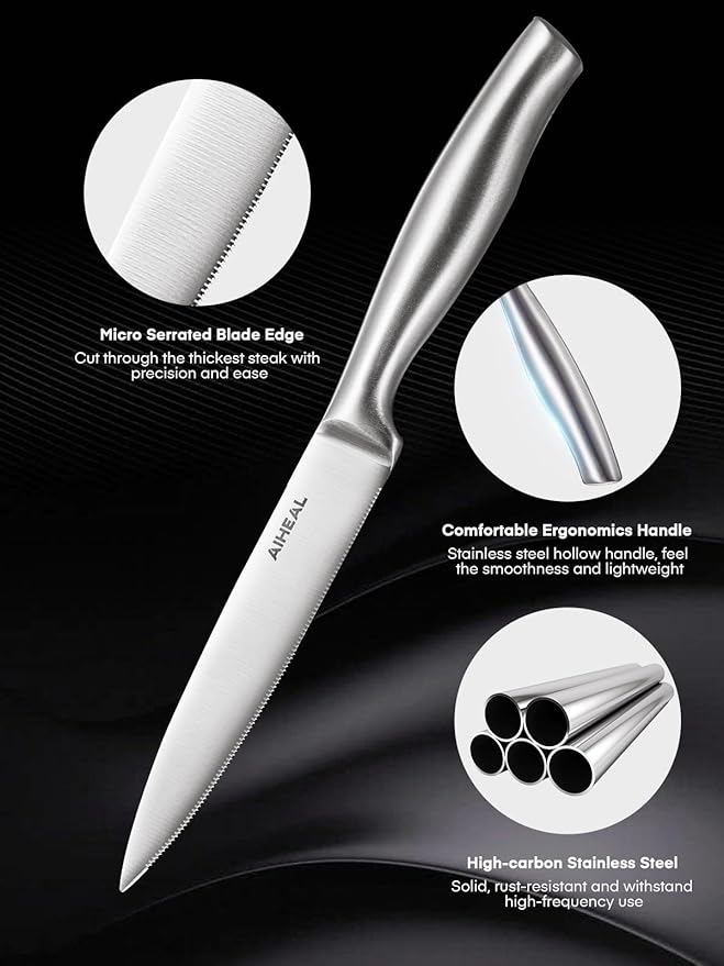 Aiheal Steak Knives, Stainless Steel Steak Knives Set of 12, Never Needs Sharpening Dinner Steak Knife Set, Sharp Micro Serrated Knives