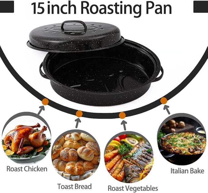 15"Oval Roasting Pan With Lid Small Chicken Roaster With 13.7in Inner Diameter Enamel Steel Roasting Pot Suitable for Outdoors Family Dinnerhigh Temperature Resistance Holiday Gifts