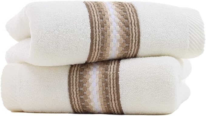 YiLUOMO Hand Towel Set of 2 Super Soft 100% Cotton Highly Absorbent Decorative Textured Striped Hand Towels for Bathroom 13 x 29 Inch (Beige)