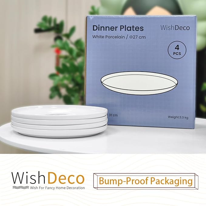 White Dinner Plates Set of 4, Ceramic Dining Plates 10.5 inch, Large Salad Plate, Porcelain Kitchen Plate for Pizza, Steak, Microwave and Dishwasher Safe