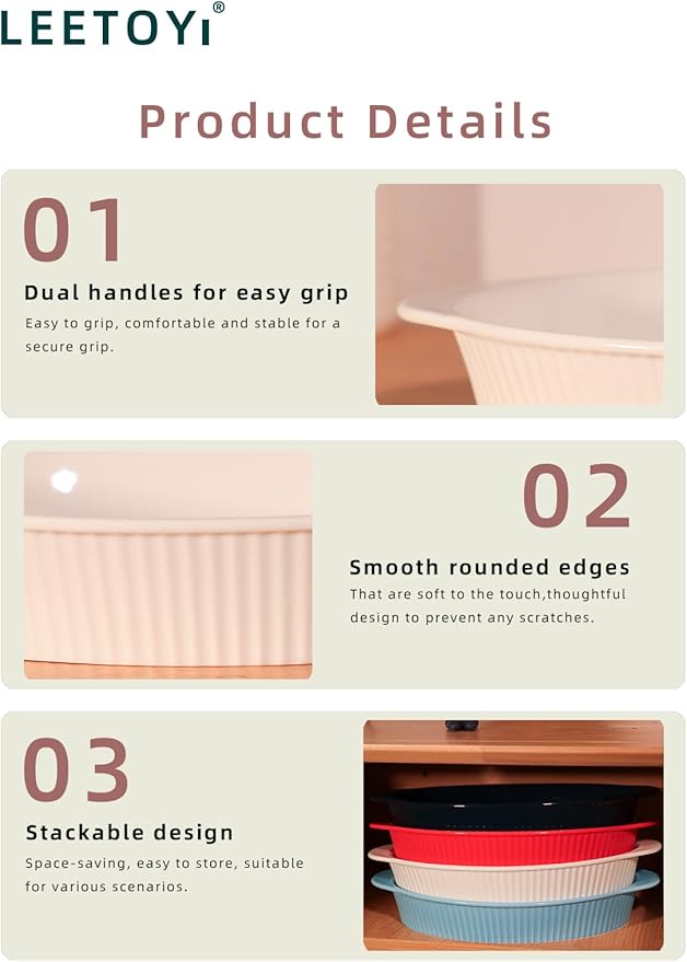 LEETOYI Porcelain 9x13 Large Oval Au Gratin Pans,Baking Dish for Servings, Bakeware with Double Handle for Kitchen and Home, White