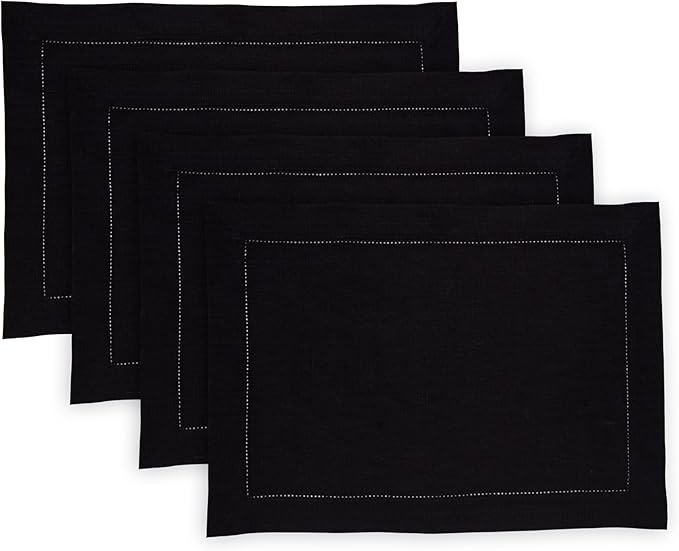 Solino Home Linen Placemats Set of 4 - Medium Weight Hemstitch Black Placemats 14 x 19 Inch - 100% Pure Linen Table Place Mats for Winter, New Year