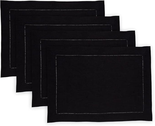 Solino Home Linen Placemats Set of 4 - Medium Weight Hemstitch Black Placemats 14 x 19 Inch - 100% Pure Linen Table Place Mats for Winter, New Year
