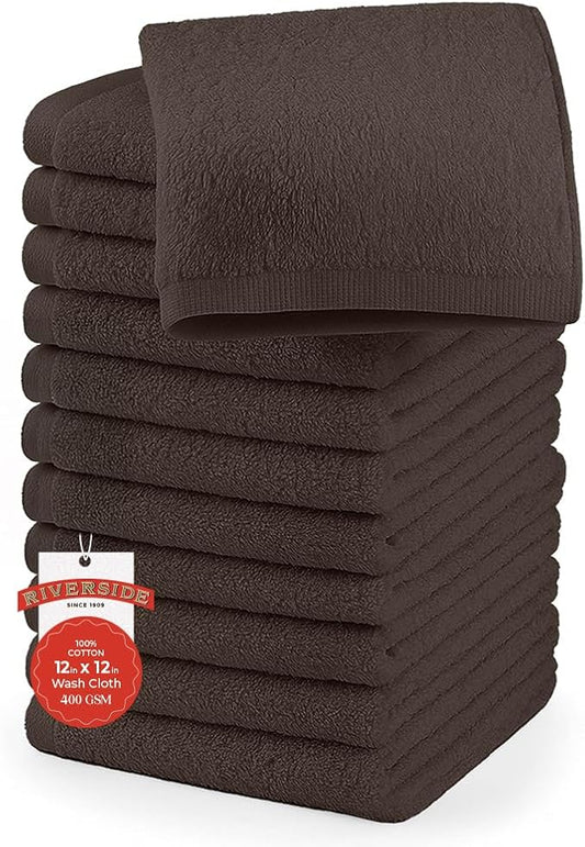 RIVERSIDE 12 Pack Washcloths - 12x12 Inches, 400 GSM, 100% Ring-Spun Cotton - Soft, Absorbent & Durable Face and Body Towels - for Bathroom, Spa, Gym, Makeup Removal & Everyday Use - Brown