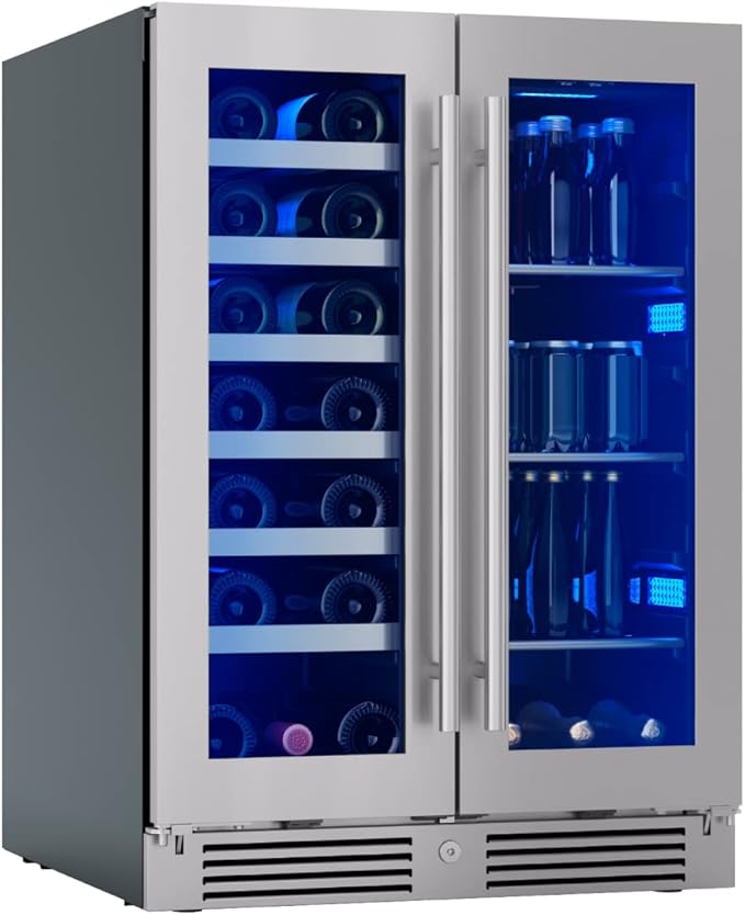 Zephyr Presrv 24 Inch Wine Fridge & Beverage Refrigerator Dual Zone Under Counter - Wine Cooler Cellars Small Beer Fridge Cabinet Drink Chiller Freestanding with French Glass Door 21 Bottles, 64 Cans
