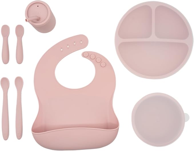 WeeSprout Baby Led Weaning Bundle, Silicone Suction Bowl, Spoons, Bib & Cup, Develops Self Feeding Skills, Dishwasher Safe (Pink)