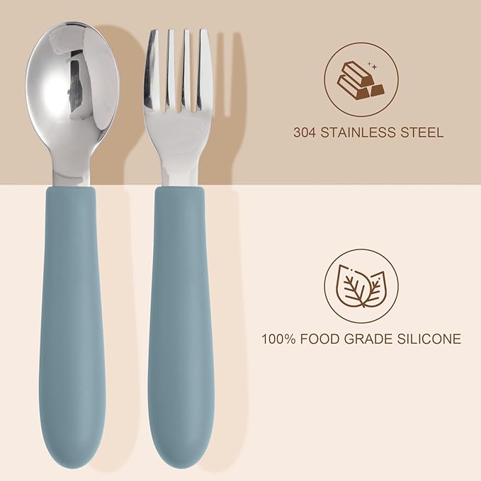 Toddler Utensils, Kids Silverware with Silicone Handle, Spoons and Forks Set, 18/8 Stainless Steel Children Safe Feeding Supplies, 6 Pack, Dishwasher Safe