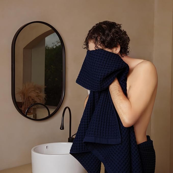 Luxury Organic Japanese Cotton Waffle Bath Towel | Thick, Absorbent, Quick Dry Bathroom Towels for Shower, Sauna, Onsen| Hotel & Spa Quality, Gift-Ready (Ocean Blue, Face Towel, 16" x 16")