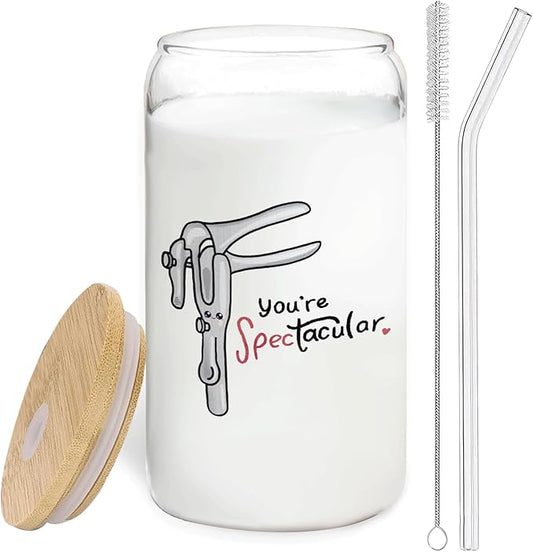 Midwife Doctor Nurse Gifts Iced Coffee Glass Cup, You're Spec-Tacular Glass Cup with Lids and Straws 14oz, Midwife Thank You Gifts Coffee Tumbler Drinking Jars with Cleaning Brush