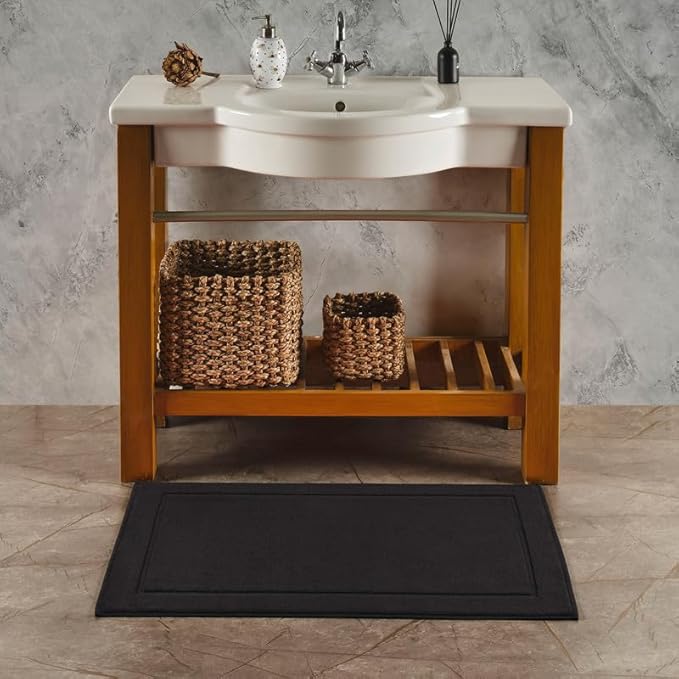 Hawmam Linen Black Bath Mats, 21 x 34 inches, Pack of 2-100% Ring Spun Cotton,[Not a Bathroom Rug] Banded Design, Highly Absorbent, Machine Washable for Bathroom Floor Towel