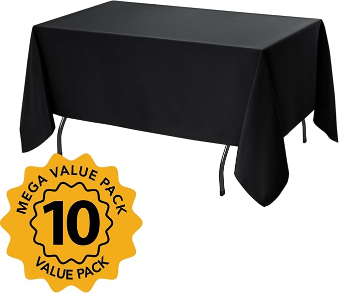 10-Pack Black Tablecloths for Rectangle Tables, 70 x 108 Inches, Stain-Resistant Polyester Fabric for 6 Foot Tables - Washable Table Covers for Weddings, Banquets, Birthday Parties, Events