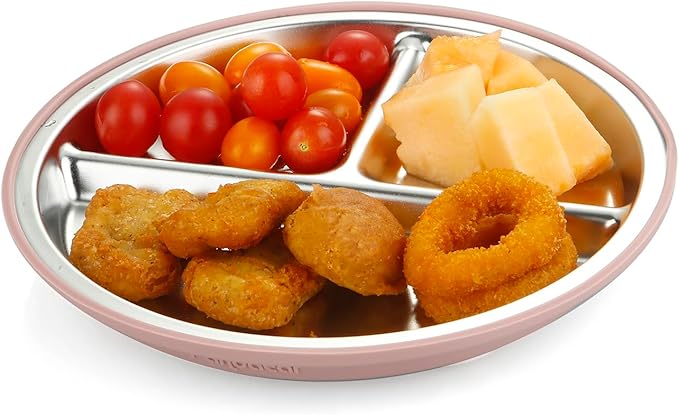 PandaEar 2 Pack Stainless Steel Baby Suction Plates & 2 Pack Spoons and Forks Set, Toddler Utensils Baby Feeding Set, Divided Plates for Baby Led Weaning Supplies, BPA-Free (Pink)