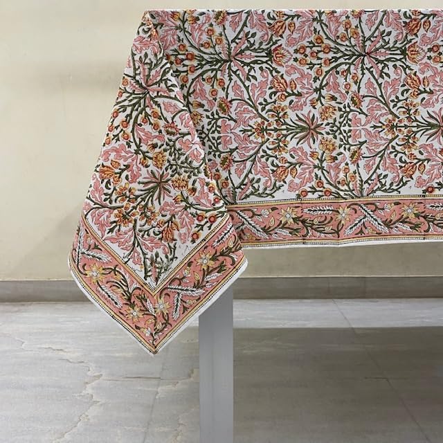 Ridhi Sassy Salmon Emerald Green Hand Block Print Cotton Rectangle Tablecloth 108" x 70" inches Reusable Table Cover Decorative Everyday Use for Dining, Farmhouse, Home, Party, Festive, Wedding, Fall