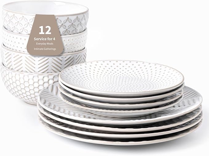 12 Piece Embossed Dinnerware Sets for 4, Elegant Plates and Bowls Sets, Microwave & Dishwasher Safe, Stoneware for Stylish Home Dining–Perfect Housewarming Gift for Busy Families & Hostesses