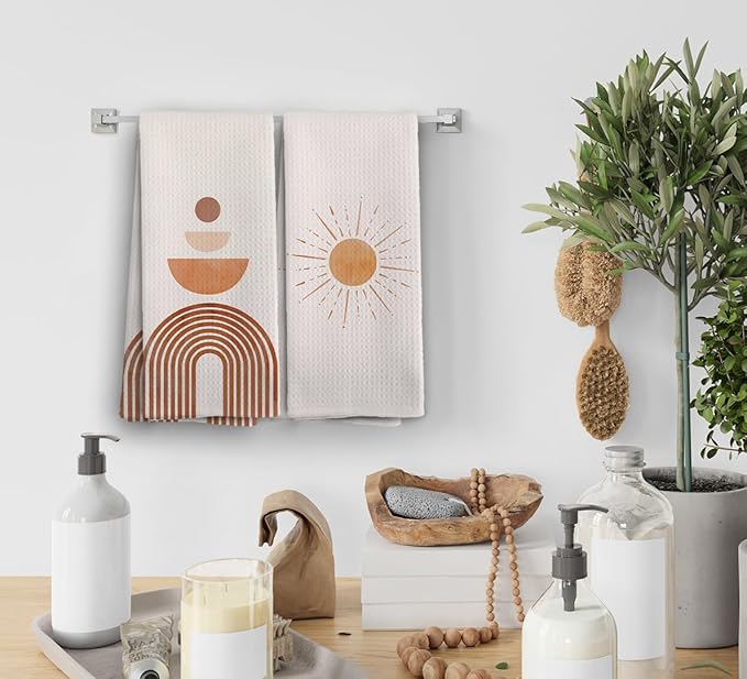 Boho Sun Sunshine Rainbow Geometric Semi Circle Kitchen Towels and Dishcloths Set of 2,Boho Absorbent Drying Cloth Hand Towels Tea Towels for Bathroom Kitchen,Boho Gifts for Women Girls,16×24 inches