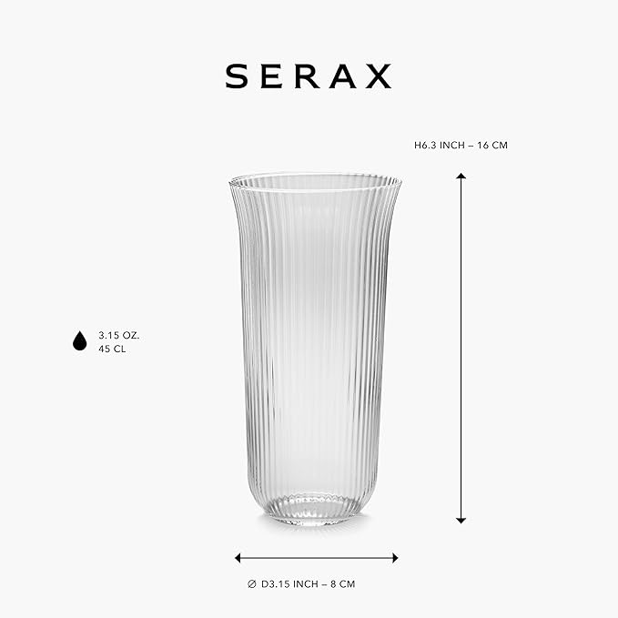 Serax Longdrink Drinking Glasses Set of 4 | Inku Glassware by Sergio Herman | Clear Ribbed Water Glass Cups without Lids | Home Essentials, Kitchen Set | Beer, Juice | Coffee Accessories