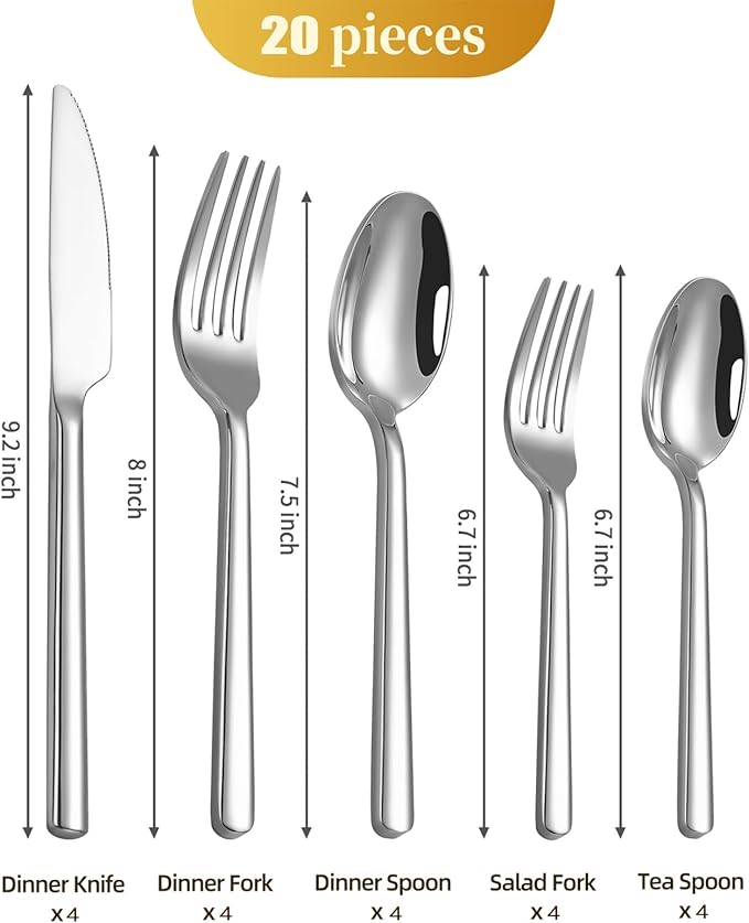 20-Piece Silverware Set, Heavy-Duty Stainless Steel Flatware Set for 4, Cutlery Set with Modern Round Handle, Mirror Polished Silverware for Home, Wedding, Restaurant, Dishwasher Safe