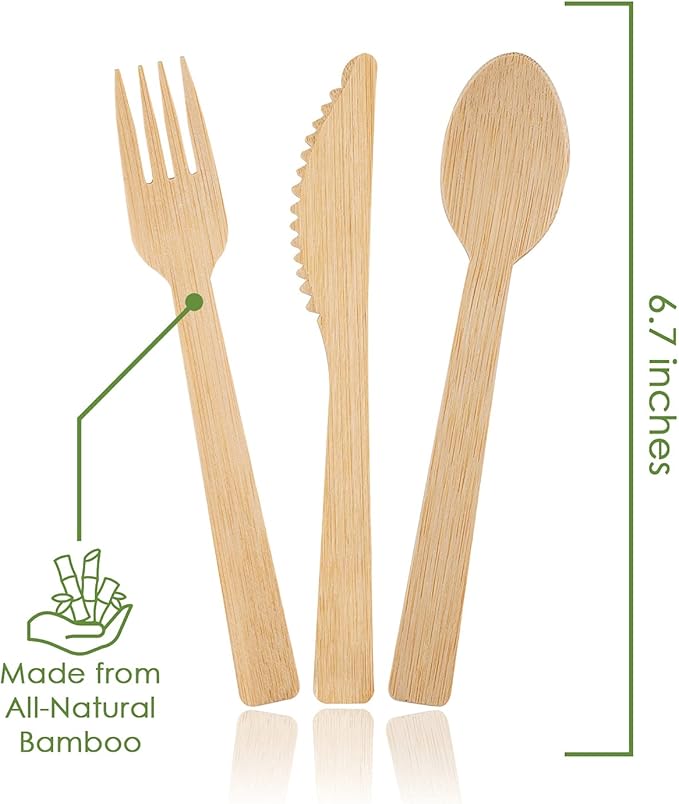 100% Bamboo Forks Spoons Knives Cutlery Combo Set - 380 Large Compostable Disposable Utensils (7 in.) Eco Friendly Durable and Tree Free Alternative to Wooden Silverware with Convenient Tray