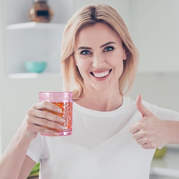 Pink Glassware set of 4, Vintage Drinking Glasses, 10oz Pink Heavy Duty Glass Cups, Old Fashioned Glass, Embossed Glasses Set for Party Wedding Home Office Glassesware Gift