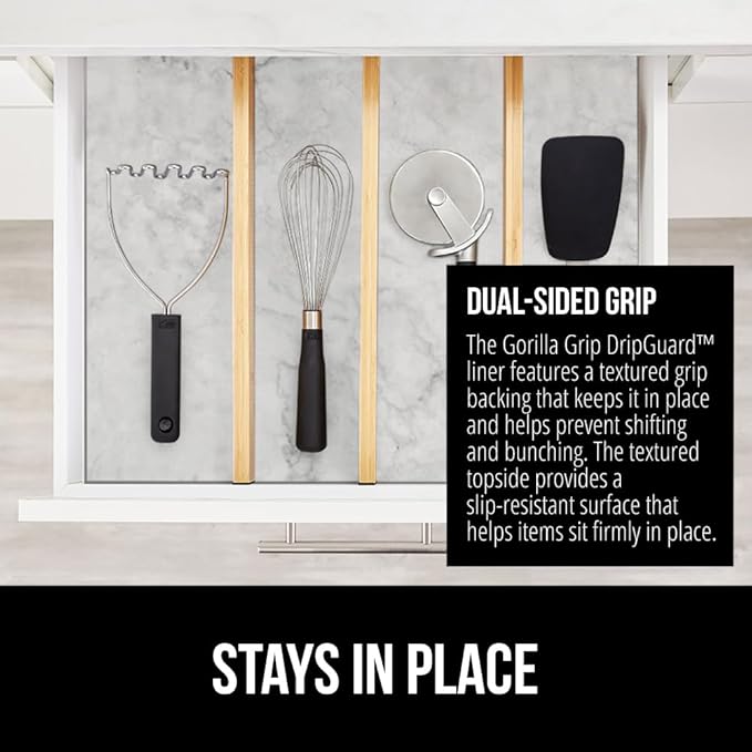 GORILLA GRIP DripGuard Shelf Liner, Non Adhesive Drawer and Kitchen Cabinet Protector, 24x240 Inch, Slip Resistant BPA Free Smooth Surface Plastic Liners for Cabinets, Bathrooms, Closets, Marble