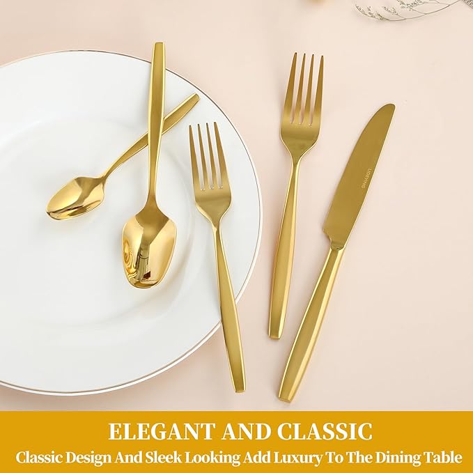 Gold 60-Piece Silverware Set,Stainless Steel Flatware Utensils Cutlery Set for 12,Including Steak Knife Fork and Spoon,Dishwasher Safe,Modern Tableware for Home & Dining