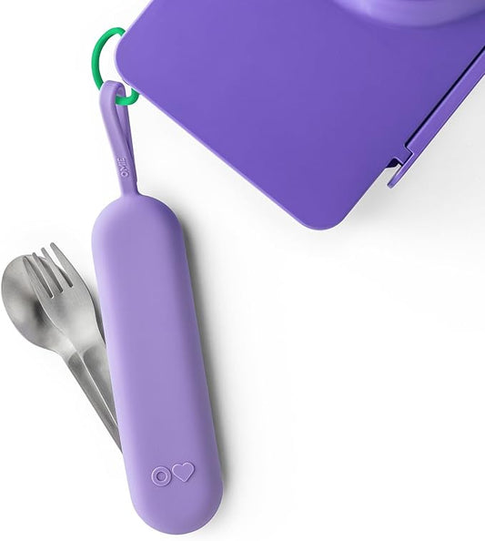 Omie OmieBox Travel Utensil Set | Fork and Spoon with Case for Easy Travel | Stainless Steel Fork and Spoon (Purple)