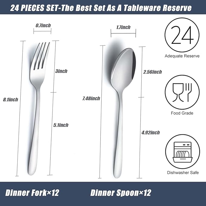 24 Pcs Forks and Spoons Silverware Set, Food Grade Stainless Steel Flatware Cutlery Set for Home, Kitchen and Restaurant, 12 Dinner Forks and Dinner Spoons, Mirror Polished & Dishwasher Safe