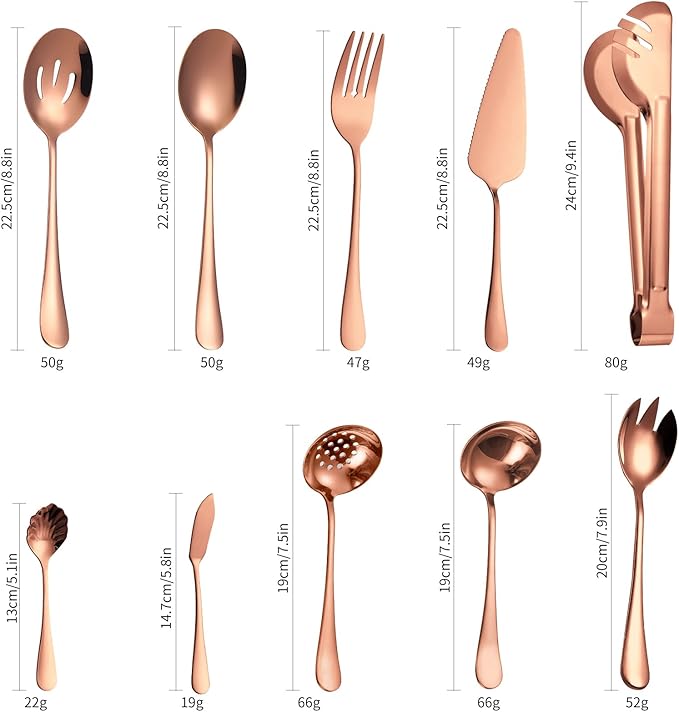Rose Gold Serving Utensils Set 10 Pieces Copper Stainless Steel Catering Silverware Flatware Buffet Restaurant Banquet Include Fork Big Spoon Hostess Ladle Spatula Food Tong Cheese knife