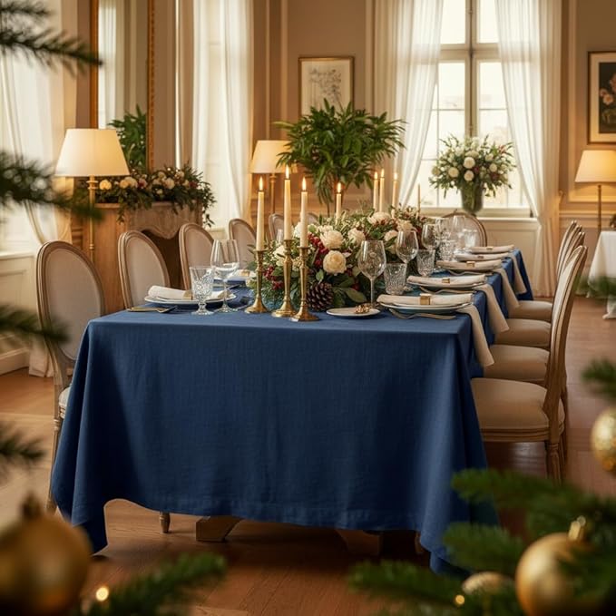 D'Moksha Homes Linen Tablecloth 60 x 120 Inch - 100% Pure Linen Navy Blue Table Cloth for Rectangle Tables - Machine Washable Cloth Tablecloth for Winter, Christmas, Holiday, New Year