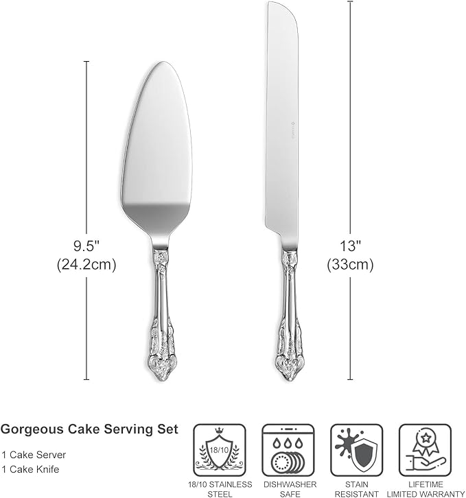 KEAWELL Gorgeous Wedding Cake Knife and Server Set, 18/10 Stainless Steel, Fine Luxury Cake Cutting Set (Silver)