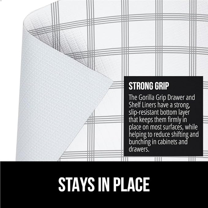GORILLA GRIP Slip Resistant Drawer and Shelf Liner 2 Pack, Non Adhesive Water Resistant, Easy Trim, Smooth Surface Liners for Kitchen Cabinet Shelves Drawers Pantry, 17.5 IN x 20 FT, Stripe Gray White