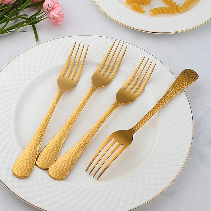 Buyer Star 12 Pieces Hammered Dinner Forks Set, 7.9 Inch Stainless Steel Forks,Table Forks,Flatware Forks, Mirror Finish & Dishwasher Safe,Use for Home,Kitchen or Restaurant (Gold)