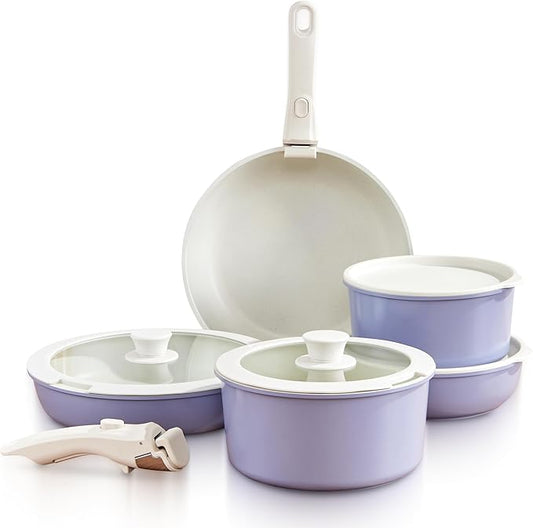 GOURMETIFIC® Pots and Pans Cookware Set [11 PIECES] - Non Toxic Ceramic Coated Cooking Ware - Induction, Gas & Oven Kitchenware - Non Stick Pot & Pan with Removable Handles & Stackable (Lavender)
