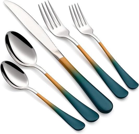 20-Piece Green Orange Silverware Set 18/0 Stainless Steel Silverware Set Green Orange Handle Cutlery Set Service for 4 Dinner Knives Forks Spoons Set Flatware Set Finish Dishwasher Safe