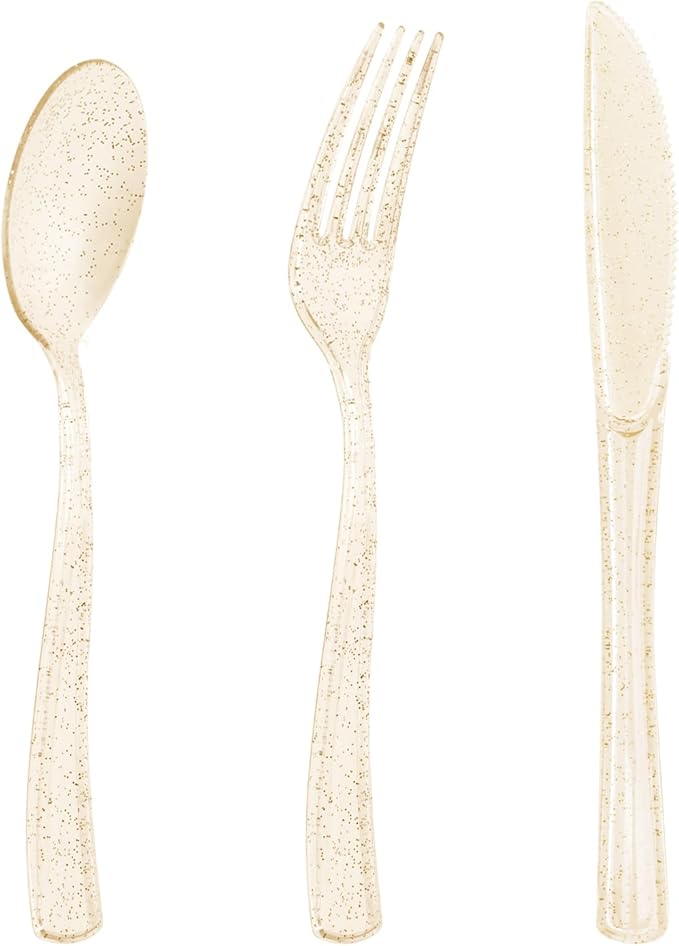 Goodluck 150PCS Gold Glitter Plastic Silverware, Glitter Utensil Disposable, Plastic Cutlery Set of 50 Forks, 50 Spoons, 50 Knives for Wedding, Party, Christmas