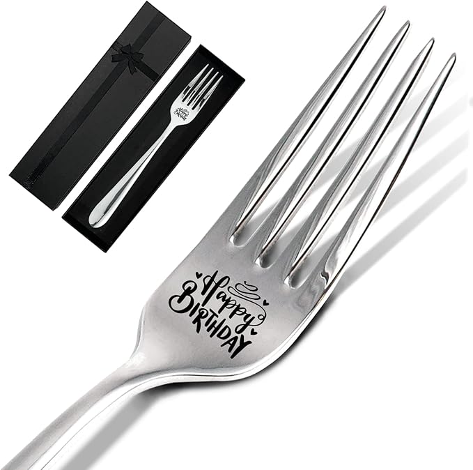 Happy Birthday,Funny Engraved Stainless Steel Fork,New Home Gifts,Funny Kitchen Gift for Man Woman,Birthday Gifts for Him Her Men Women Friends,Dinner Dessert Fork with Gift Box