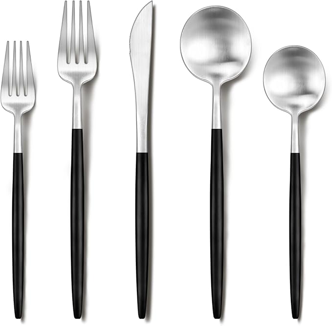 Silverware set for 6,Ollex 30-Piece Black and Silver Silverware Set include Knives Forks Spoons Matte Flatware Set Food-Grade Stainless Modern Utensil Cutlery Set with Stain Finished,Dishwasher Safe