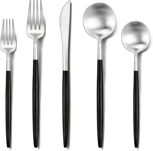 Silverware set for 6,Ollex 30-Piece Black and Silver Silverware Set include Knives Forks Spoons Matte Flatware Set Food-Grade Stainless Modern Utensil Cutlery Set with Stain Finished,Dishwasher Safe