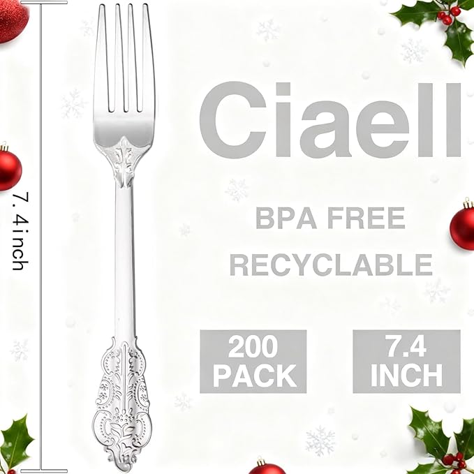 Ciaell 200 Pieces Silver Plastic Forks - Silver Disposable Forks - 7.4inch Heavy Duty Plastic Forks - Heavyweight Dessert Forks Perfect for Parties Weddings Birthdays