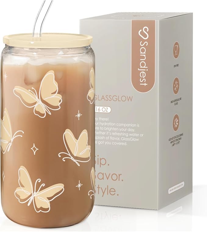 SANDJEST Butterfly Glass Can, Iced Coffee Aesthetic,Cup, Gifts for Christmas Birthday, Gift for Women Girls, 16oz