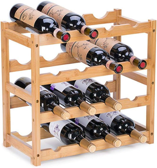 Wine Rack, Natural Bamboo Storage Rack Freestanding Countertop Stackable Display Shelf Wine Bottle Holder (4-Tiers 16-Bottles)
