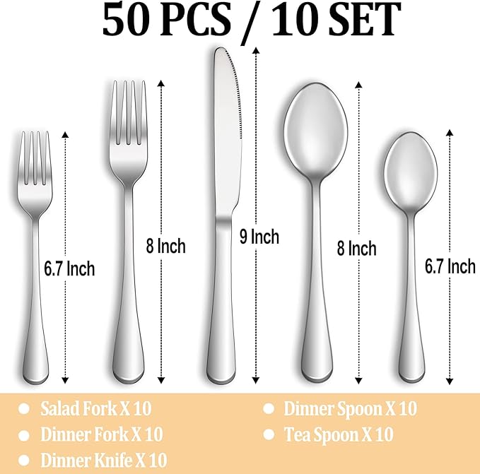 50 Piece Silverware Set Service for 10,Premium Stainless Steel Flatware Set,Mirror Polished Cutlery Utensil Set,Durable Home Kitchen Eating Tableware Set,Include Fork Knife Spoon Set,Dishwasher Safe