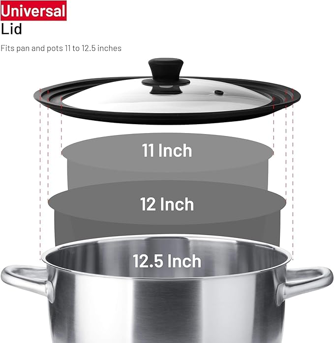 Bezrat Universal Lids for Pots, Pans and Skillets - 2-Pack Heat-Resistant Covers Tempered Glass with Silicone Rim - Fits 11”, 12”, 12.5” Cookware - For Cooking, Dishwasher Safe