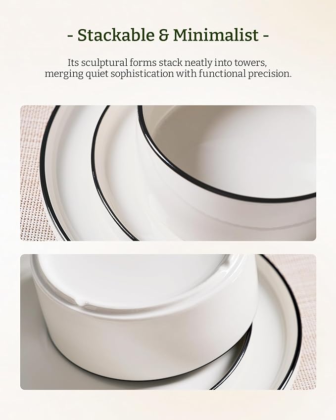 Famiware Porcelain Dinnerware Set, 24-Piece Modern Plate and Bowl Set, dish set for 8, Microwave and Dishwasher Safe Tableware, White with Black Trim