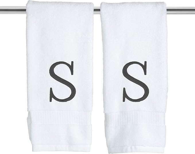 Dark Gray, Letter Hand Towel for Bathroom - Monogrammed Initial Hotel Quality Decorative Embroidered Towel for Powder Room, Spa - GOTS Organic Certified - Pack of 2, Letter S