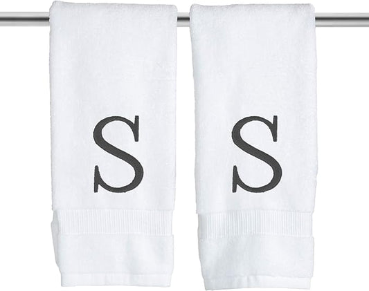 Dark Gray, Letter Hand Towel for Bathroom - Monogrammed Initial Hotel Quality Decorative Embroidered Towel for Powder Room, Spa - GOTS Organic Certified - Pack of 2, Letter S