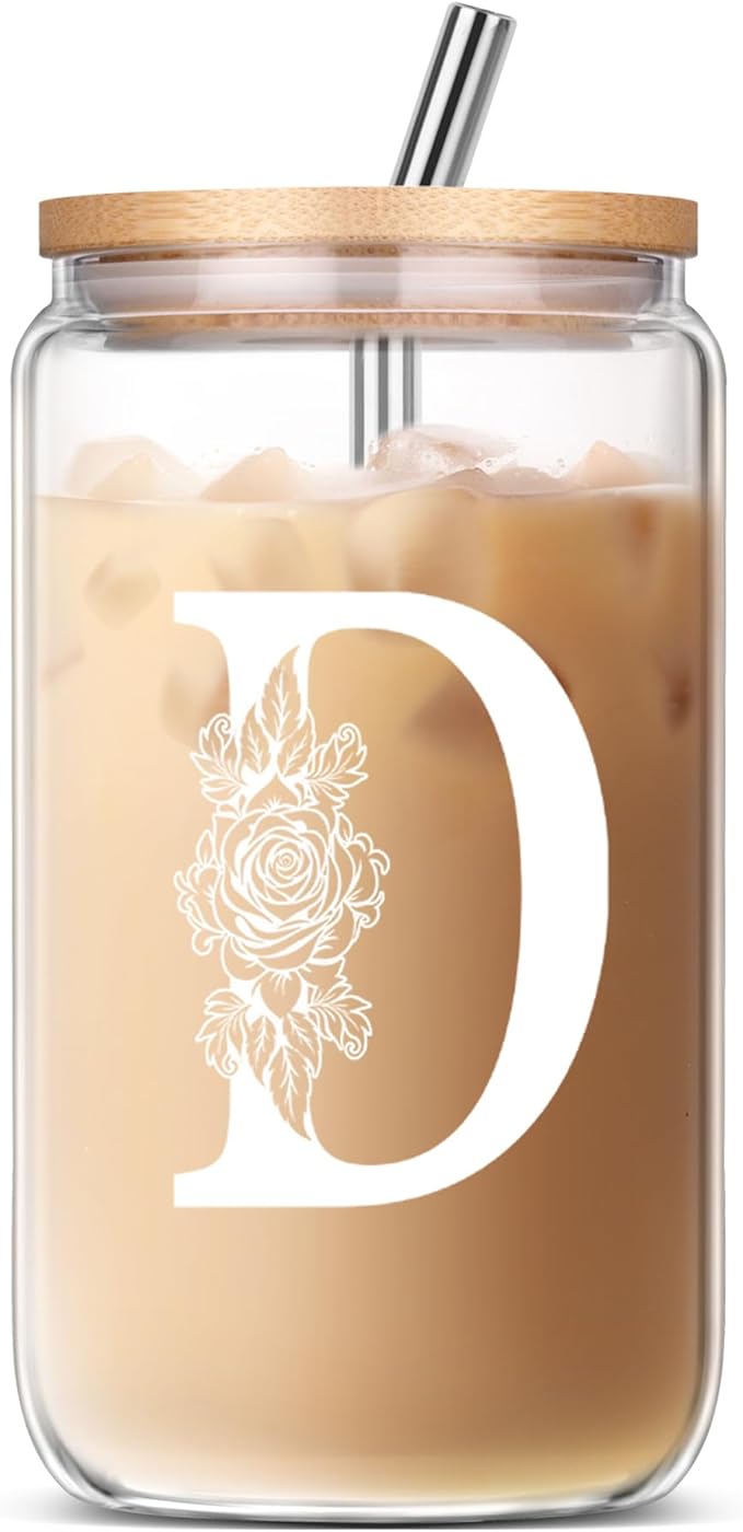 Gifts for Women, Birthday Christmas Mothers Day Thank You Gifts, Personalized Monogrammed Gifts for Sister Mom Friend Wife Gift Ideas 2024 D Coffee Iced Cute Glass Cups with Lids and Straws