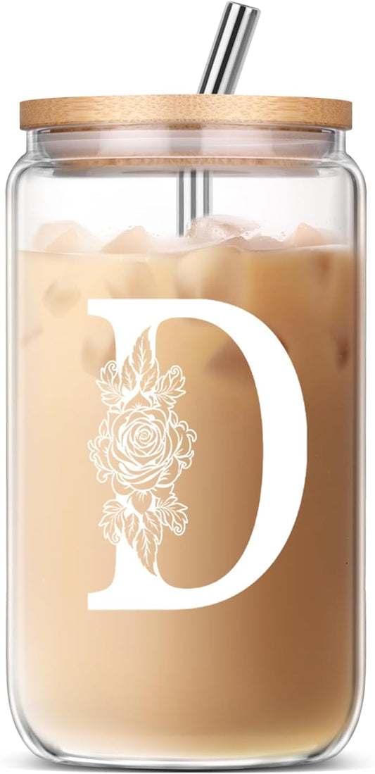 Gifts for Women, Birthday Christmas Mothers Day Thank You Gifts, Personalized Monogrammed Gifts for Sister Mom Friend Wife Gift Ideas 2024 D Coffee Iced Cute Glass Cups with Lids and Straws