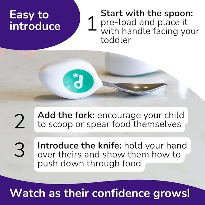 doddl Toddler Utensils, Ergonomic Fork and Spoon Set for Self Feeding, Stainless Steel Silverware for 1-3 Year Olds, BPA Free, Dishwasher Safe (Aqua (Twin Pack))